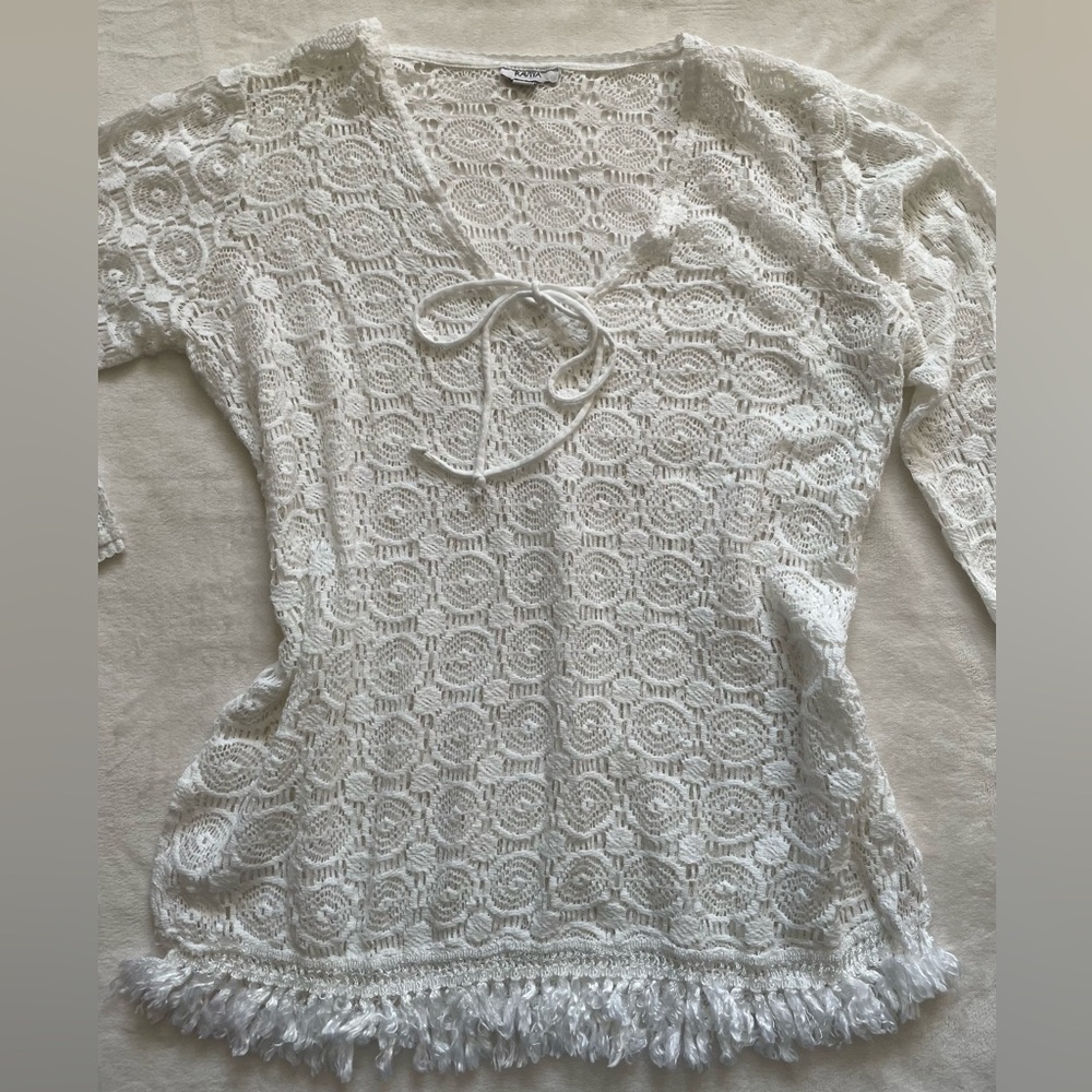 White Open Knit Boho Crochet Fringe Sweater Top